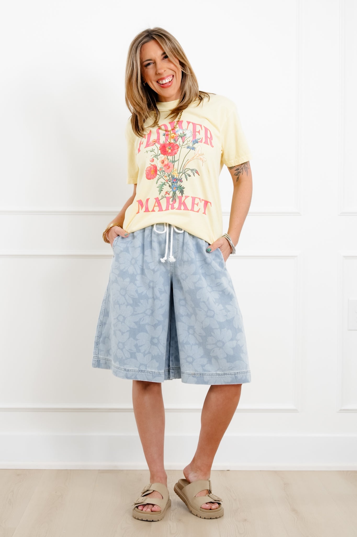 Risen Light Wash Slouchy Floral Culotte Shorts