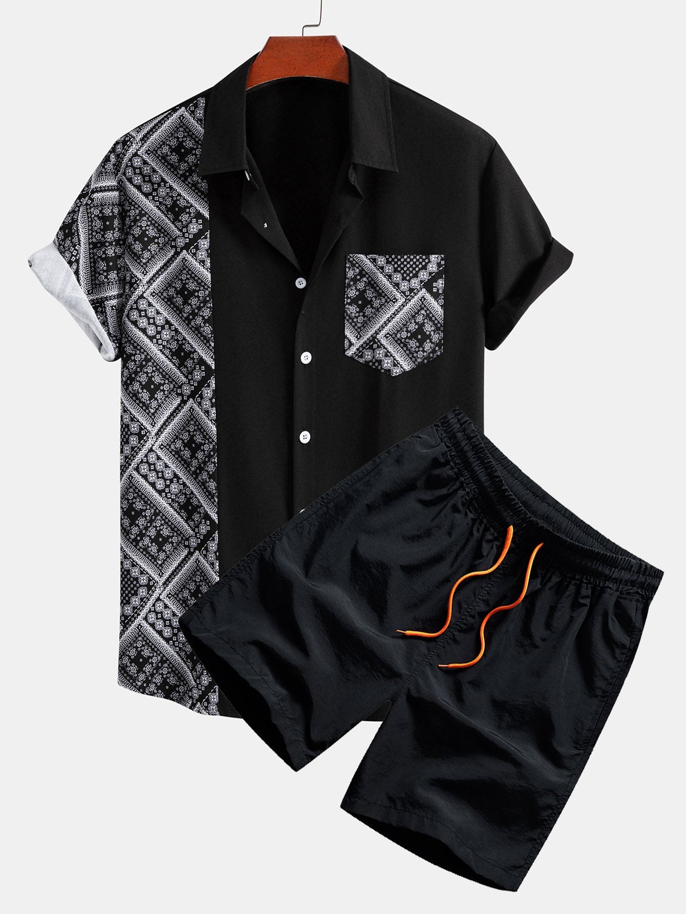Camisa abotonada con estampado paisley y Shorts cortos de baño.