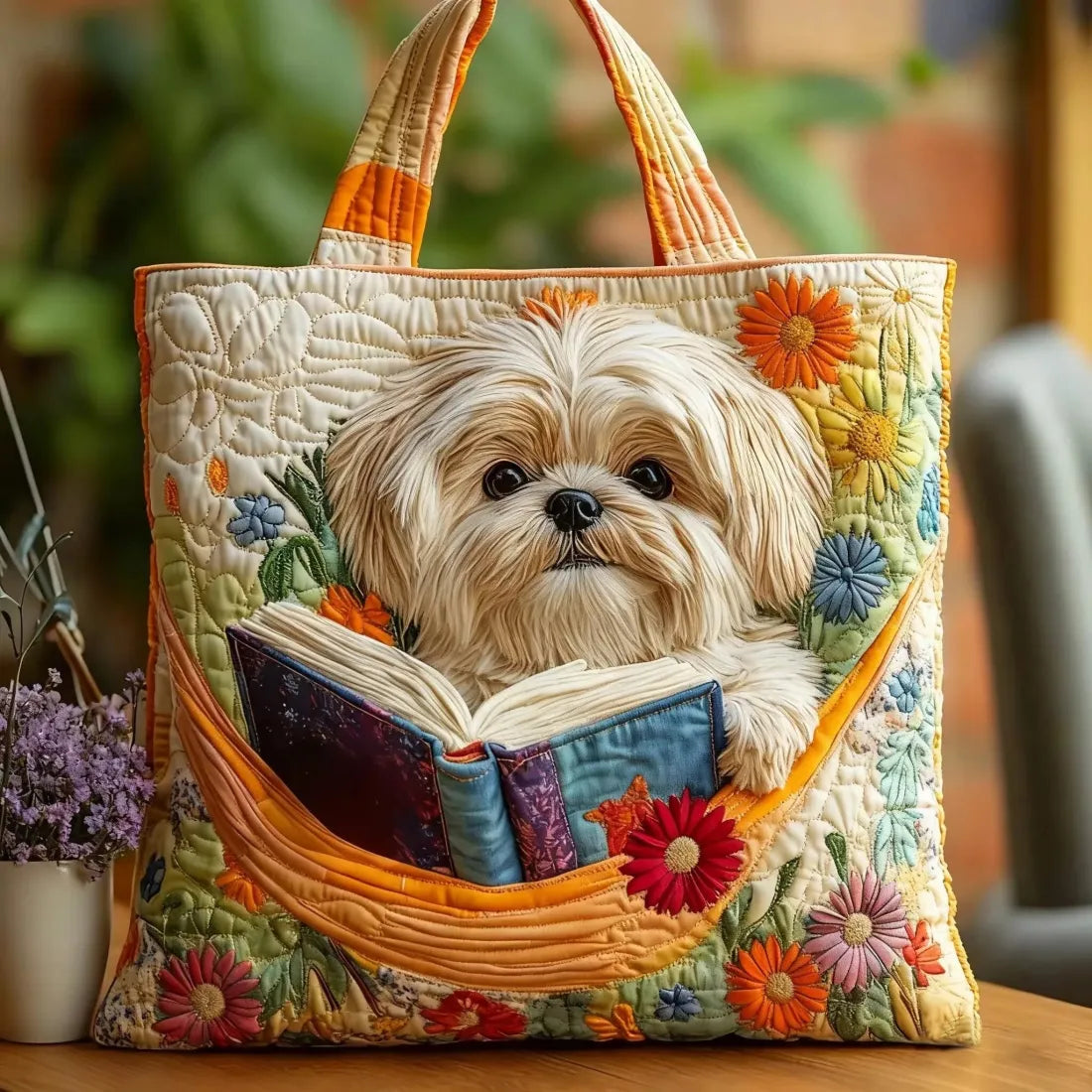 Bolso Shih Tzu hecho a mano con libro y flores