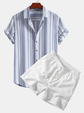 Camisa abotonada de lino a rayas y pantalones cortos de 5" con cordón y textura arrugada