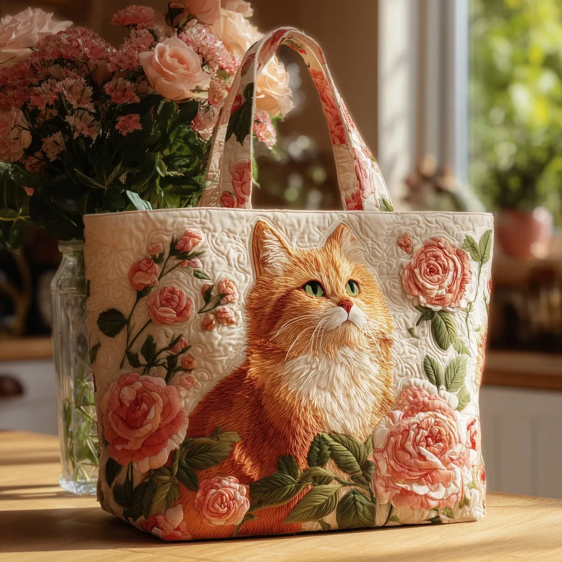 Bolso rojo con forma de gato y rosas, hecho a mano.