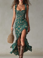 Vestido Elegante look retro largo + Bolso vintage que encaja perfectamente con el outfit