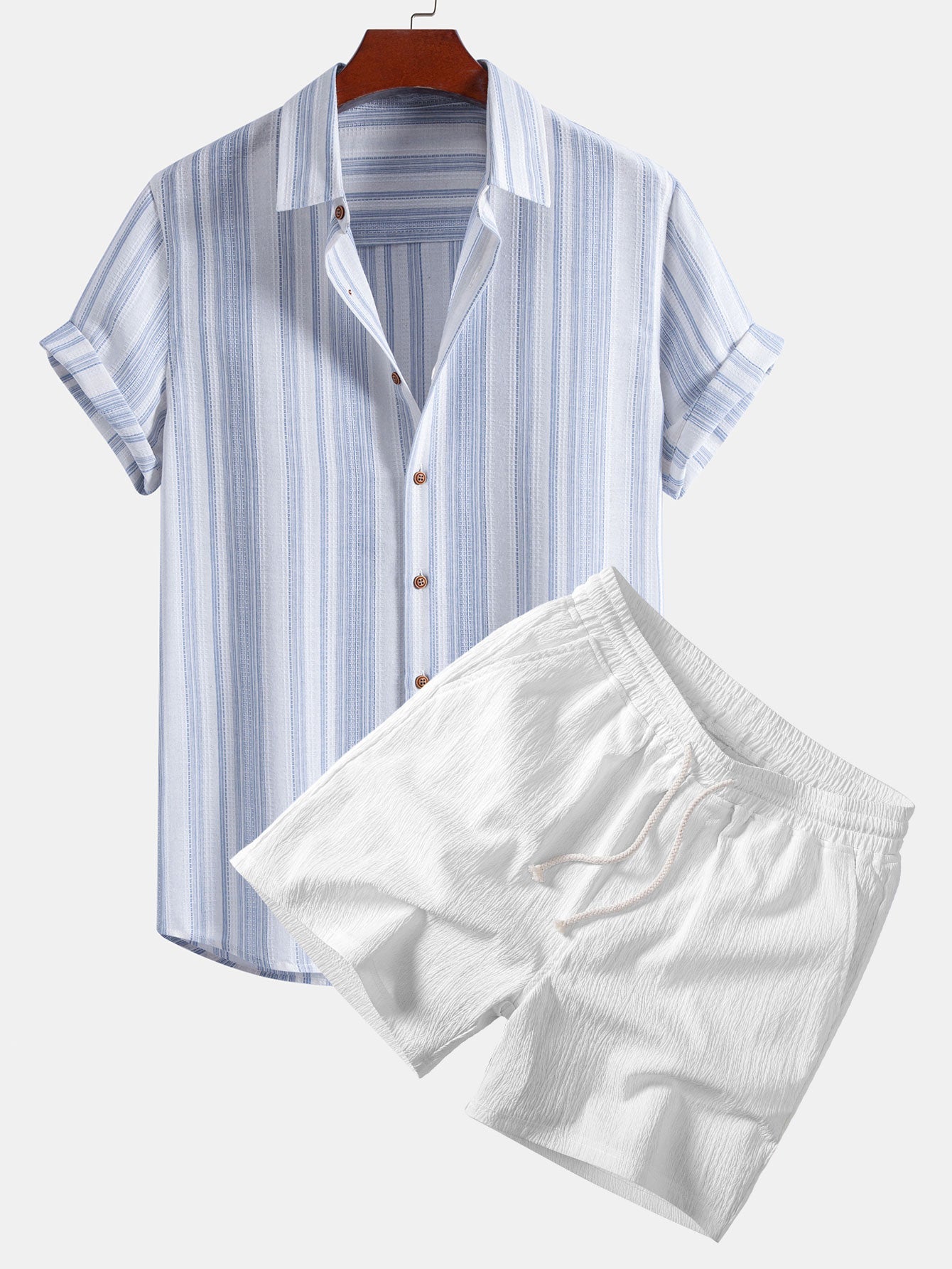 Camisa abotonada de lino a rayas y pantalones cortos de 5" con cordón y textura arrugada