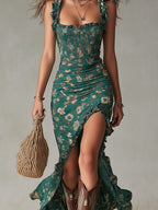 Vestido Elegante look retro largo + Bolso vintage que encaja perfectamente con el outfit