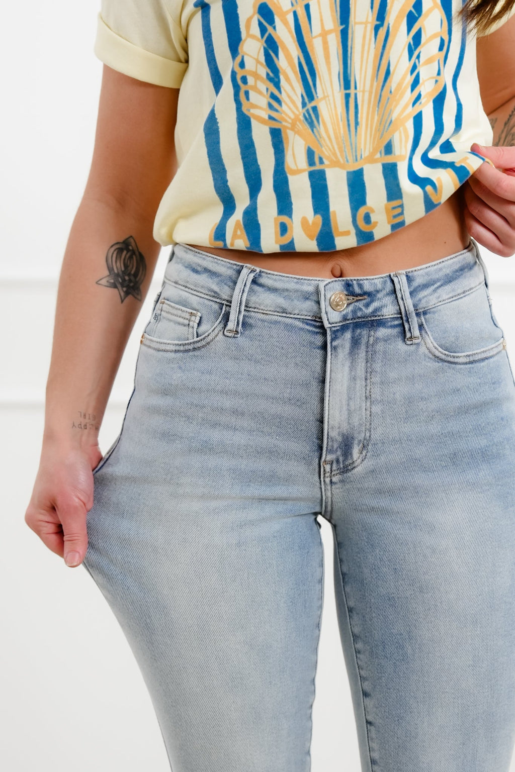 Judy Blue Mid Rise Light Wash Kick flare with Raw Hem