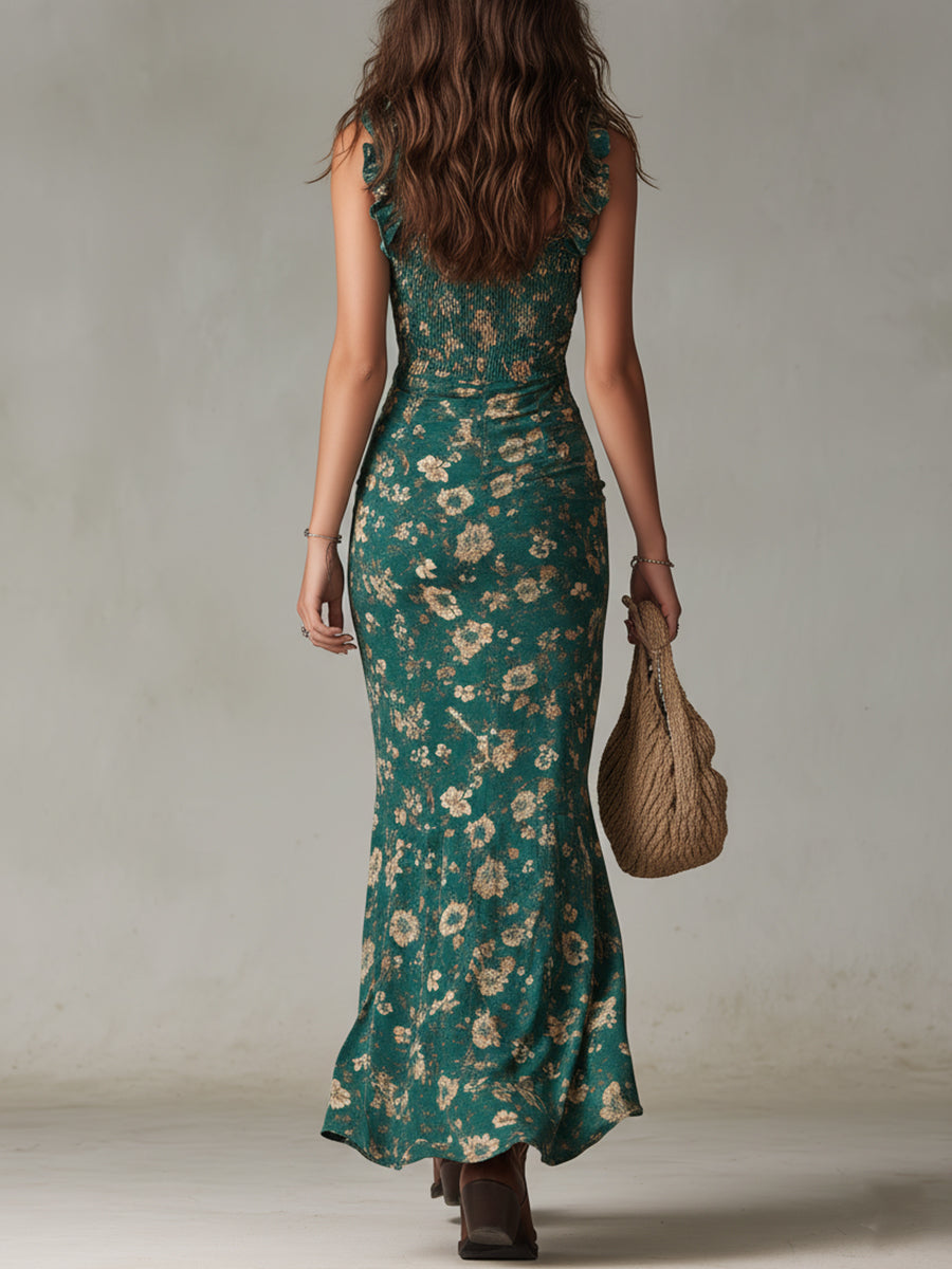 Vestido Elegante look retro largo + Bolso vintage que encaja perfectamente con el outfit
