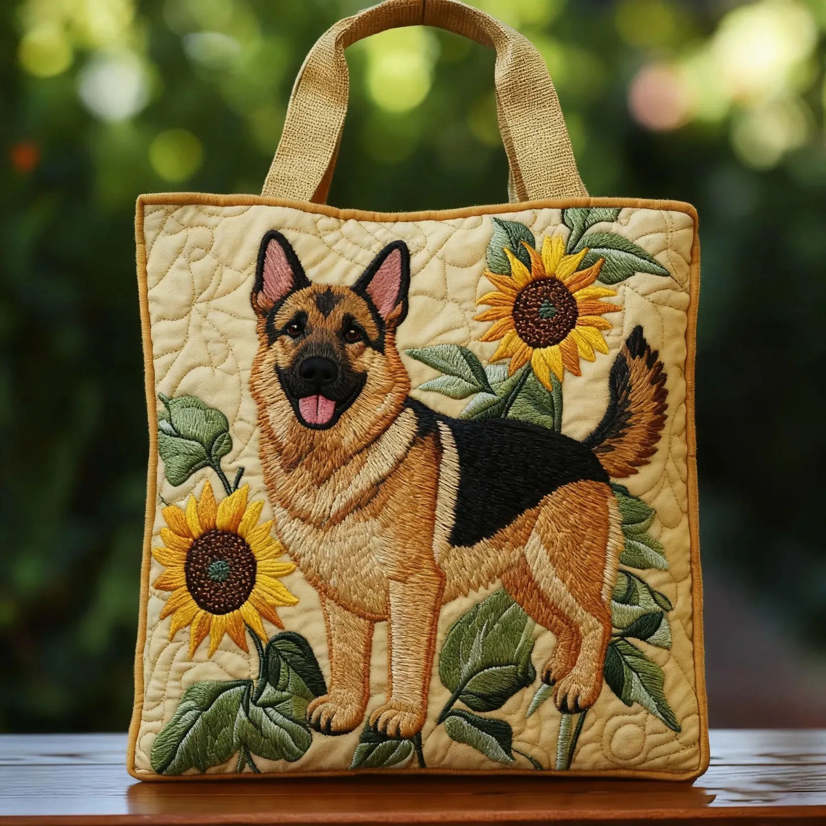 Bolso floral hecho a mano con pastor alemán