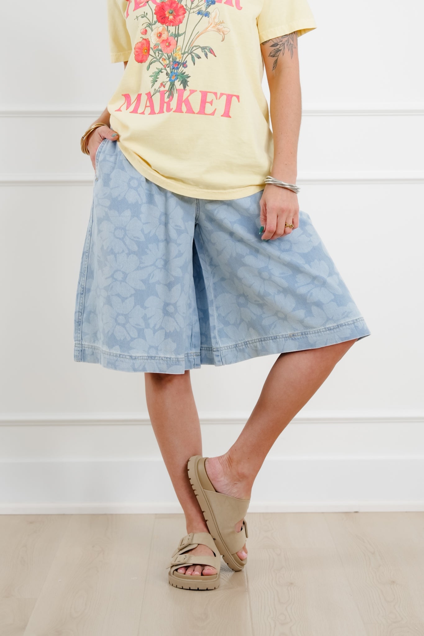 Risen Light Wash Slouchy Floral Culotte Shorts