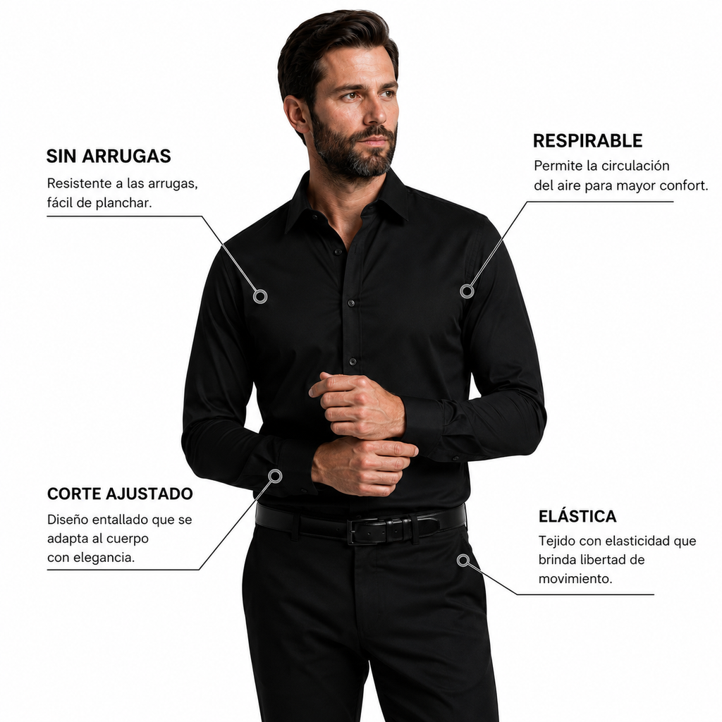 Camisa wisdom ajustada anti arrugas manga larga Negra