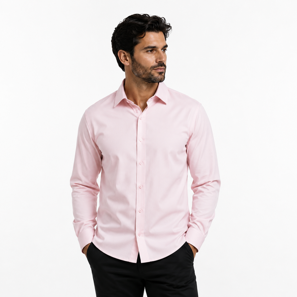 Camisa wisdom ajustada anti arrugas manga larga rosa