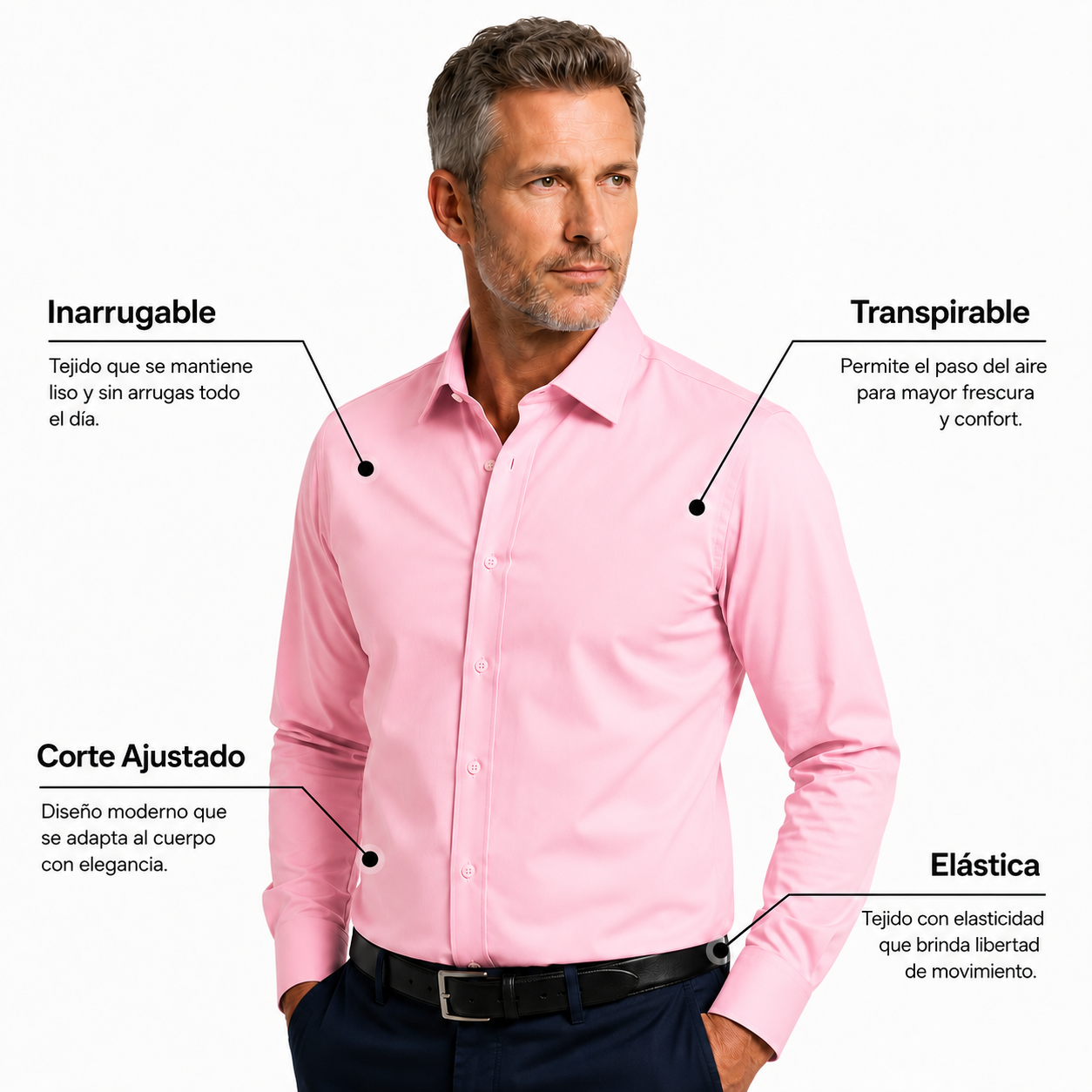 Camisa wisdom ajustada anti arrugas manga larga rosa