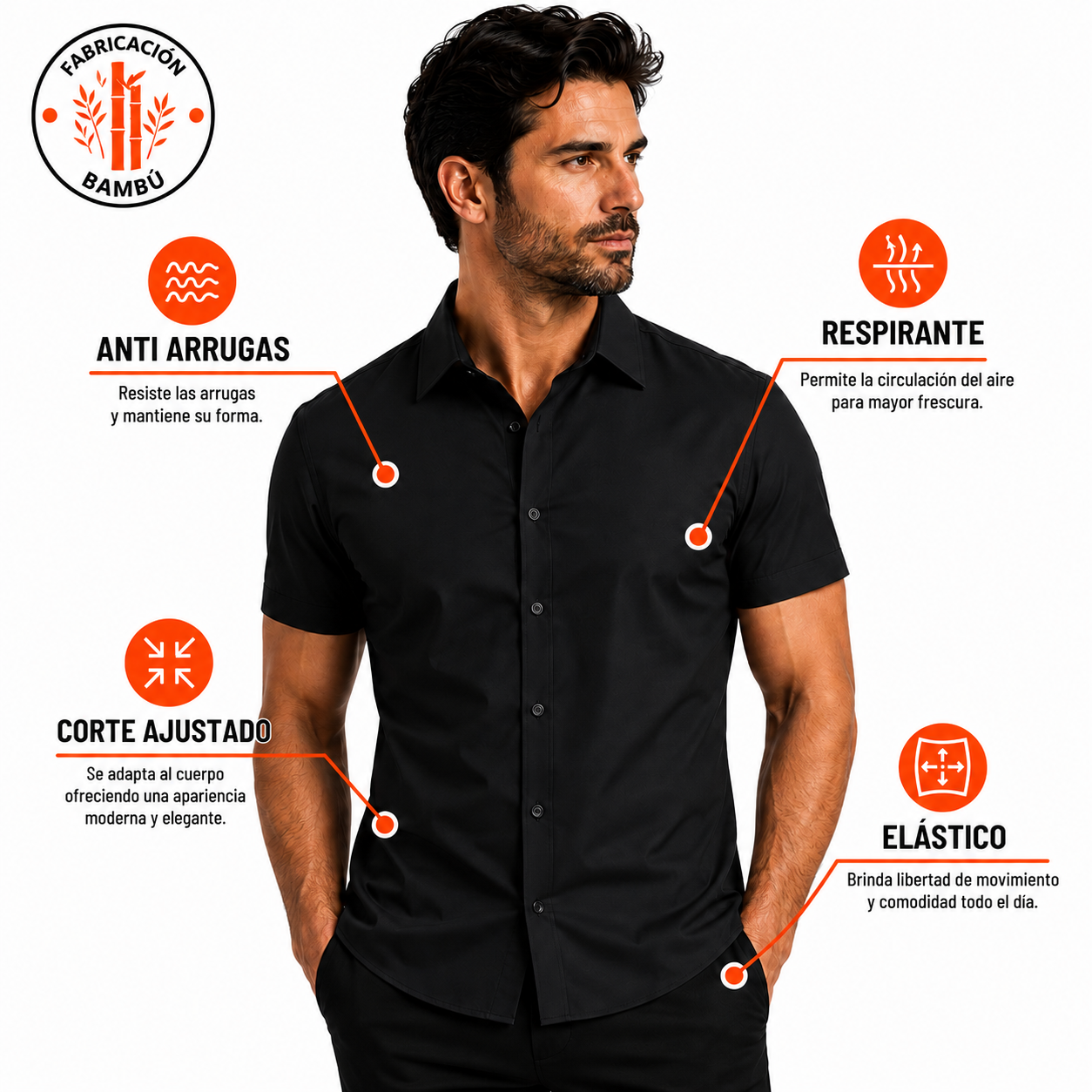 Camisa Wealth anti arrugas manga corta Negra