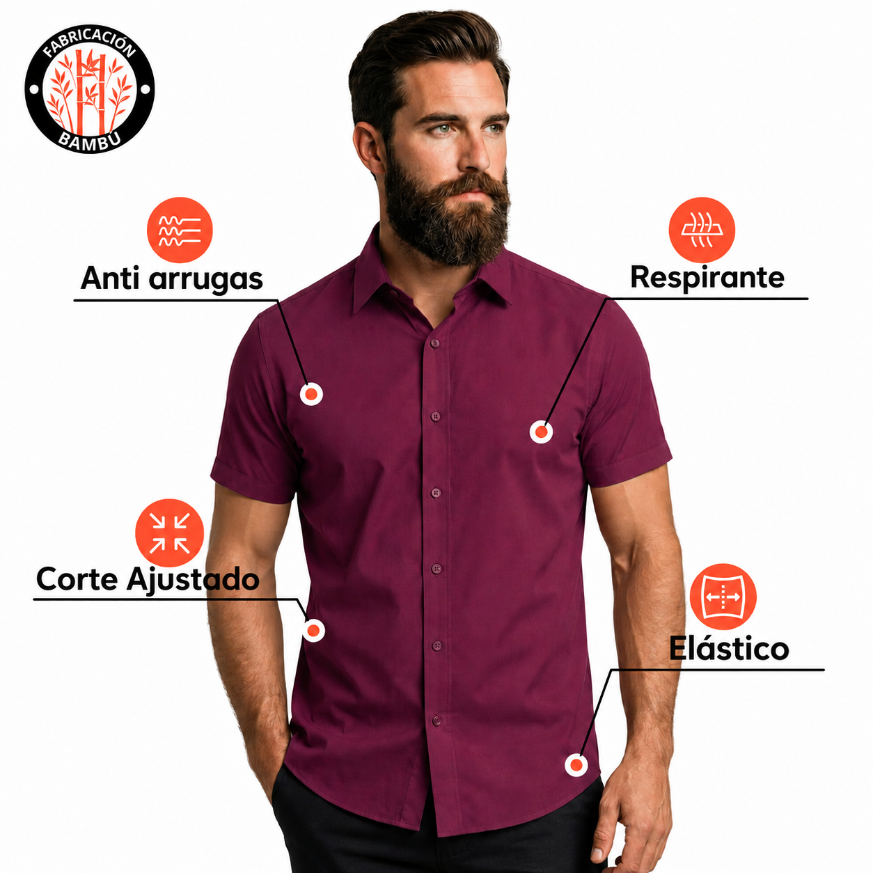 Camisa Wealth anti arrugas manga corta Vino tinto