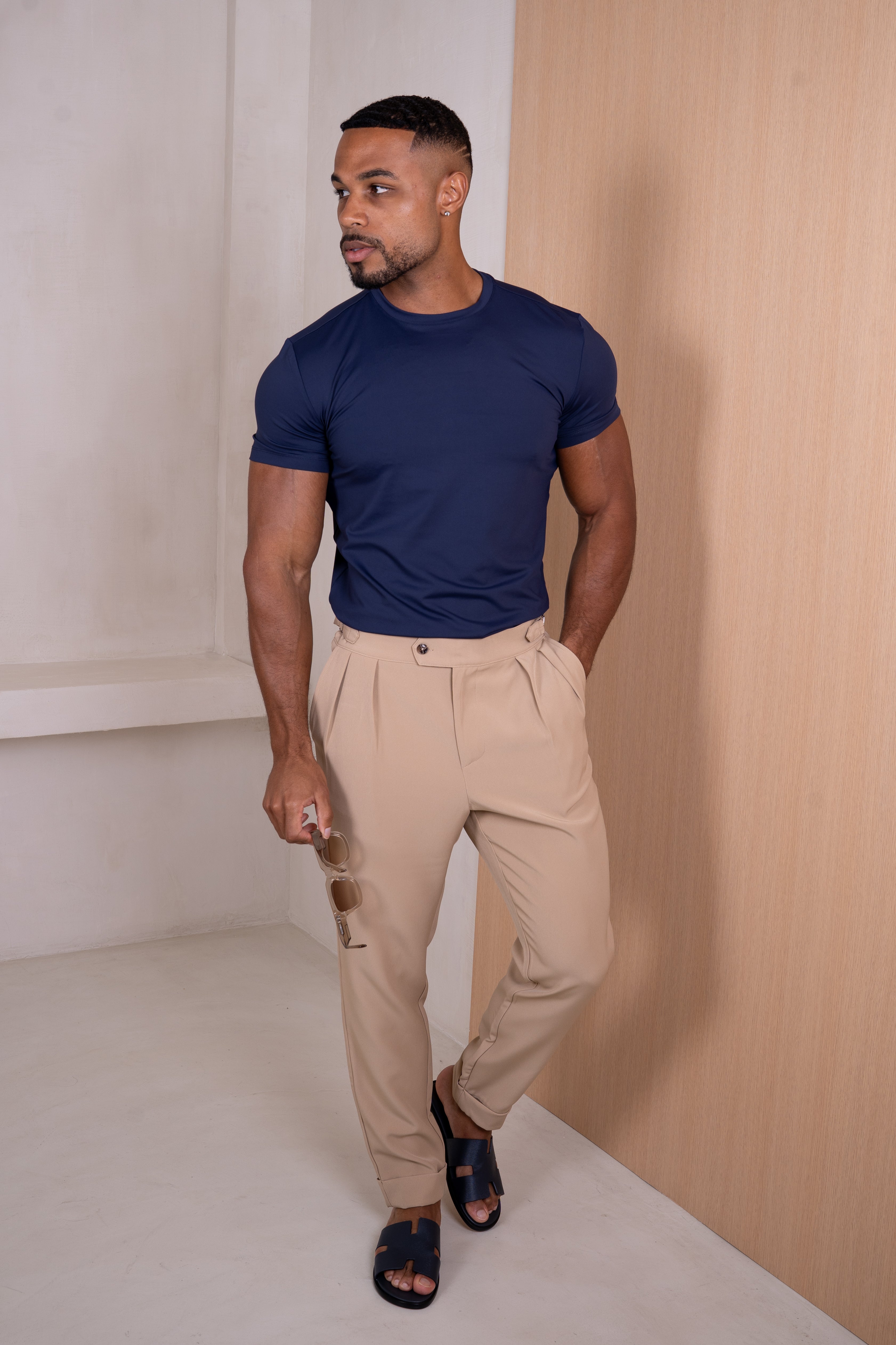 Buckle and Pleat Tailored Trouser - Stone