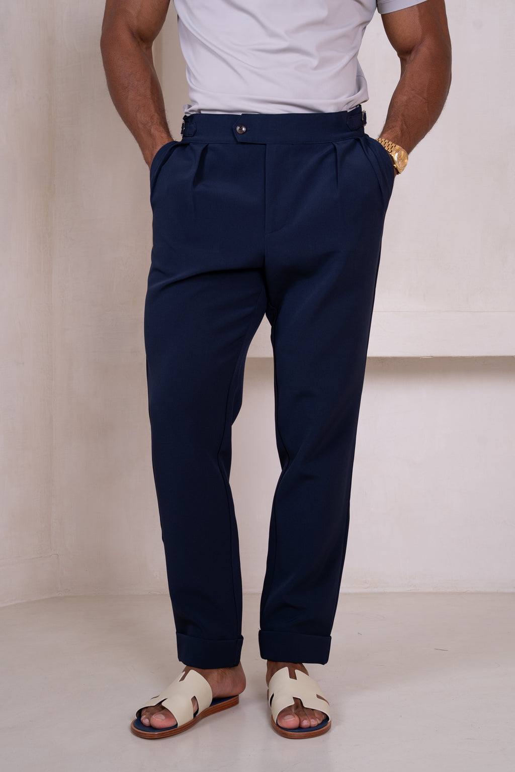 Buckle and Pleat Tailored Trouser - Navy