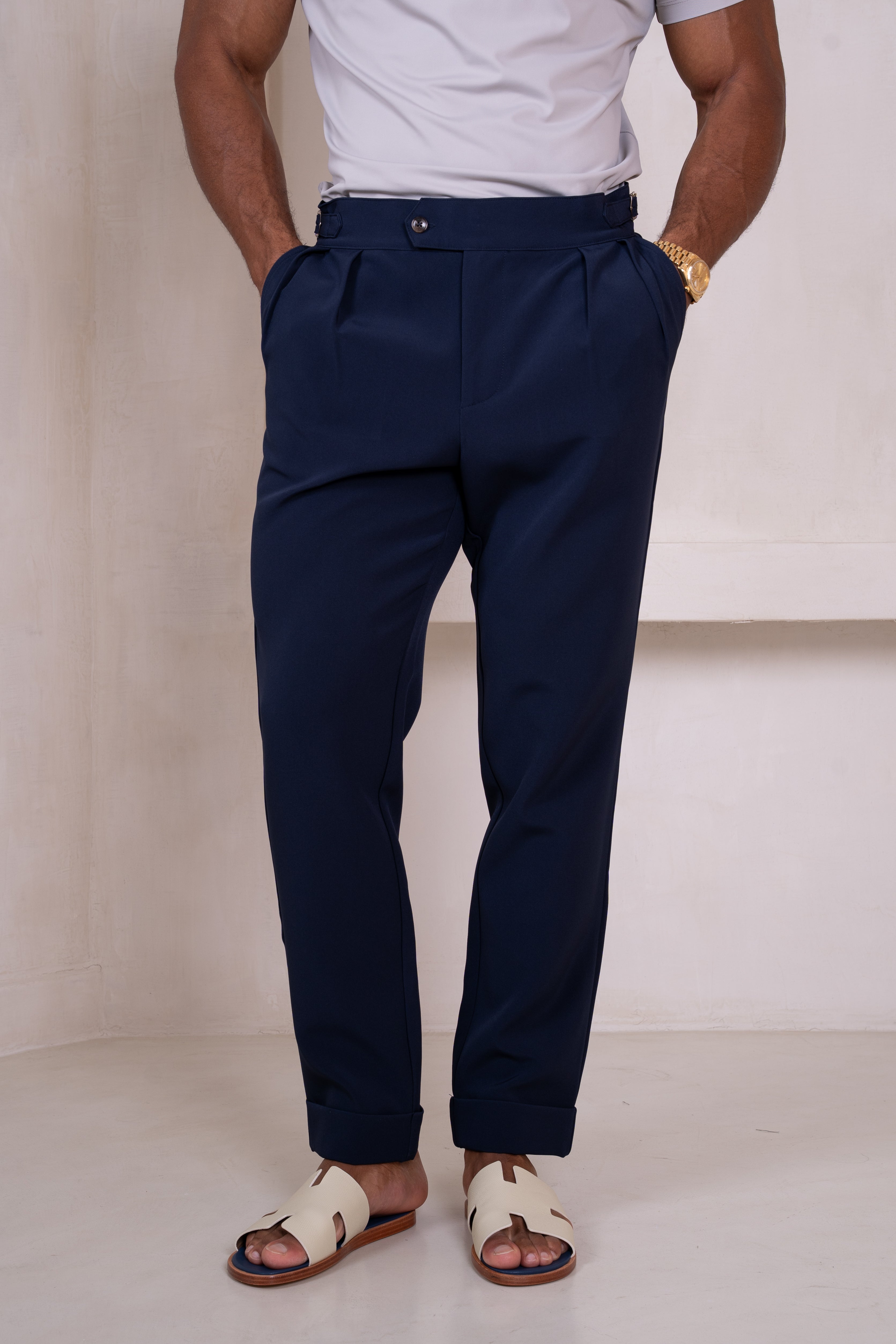 Buckle and Pleat Tailored Trouser - Navy
