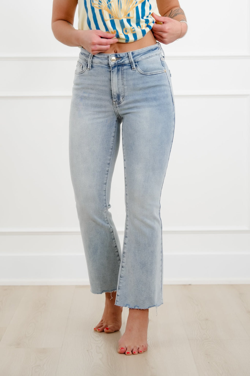 Judy Blue Mid Rise Light Wash Kick flare with Raw Hem