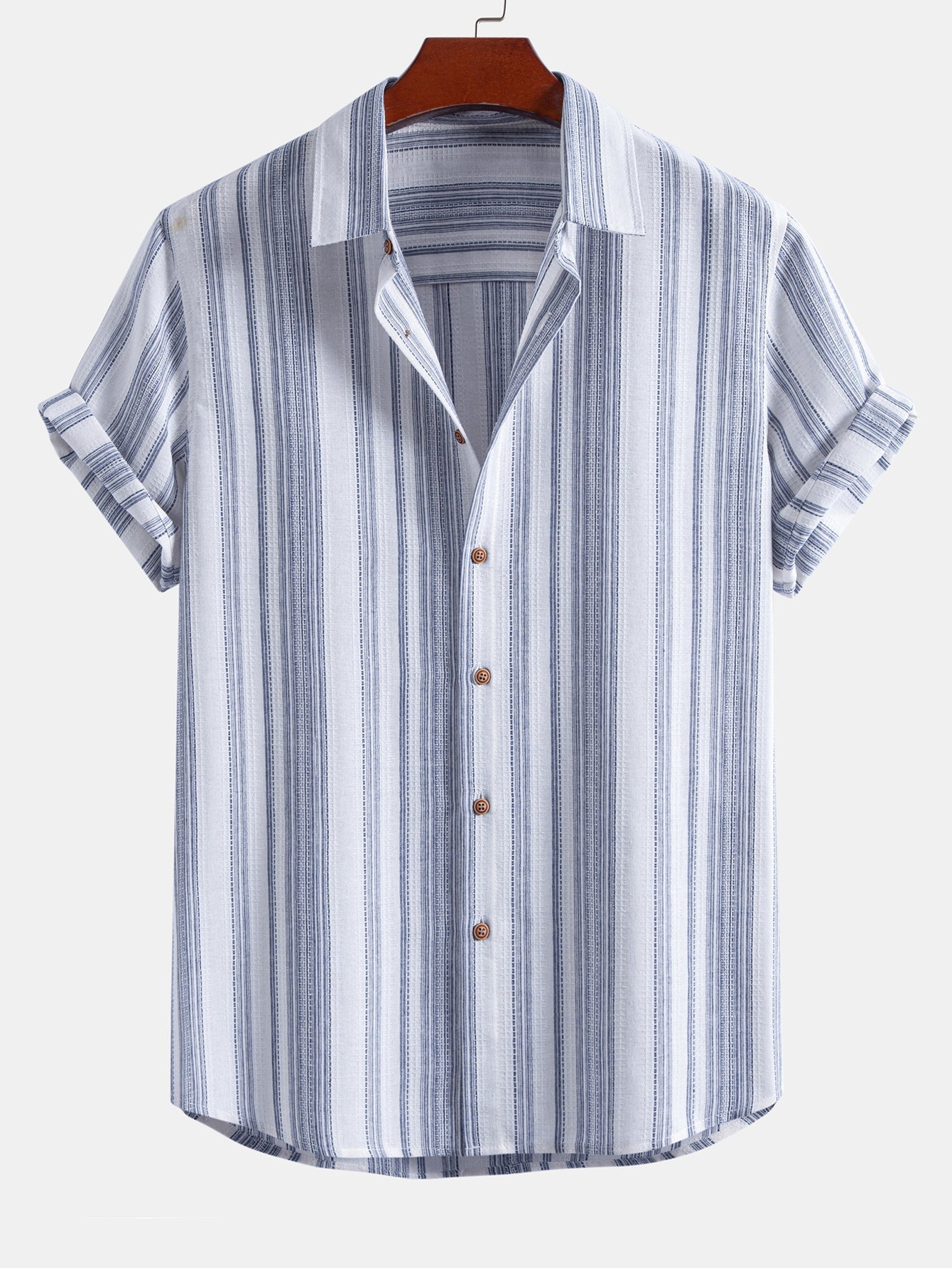 Camisa abotonada de lino a rayas y pantalones cortos de 5" con cordón y textura arrugada