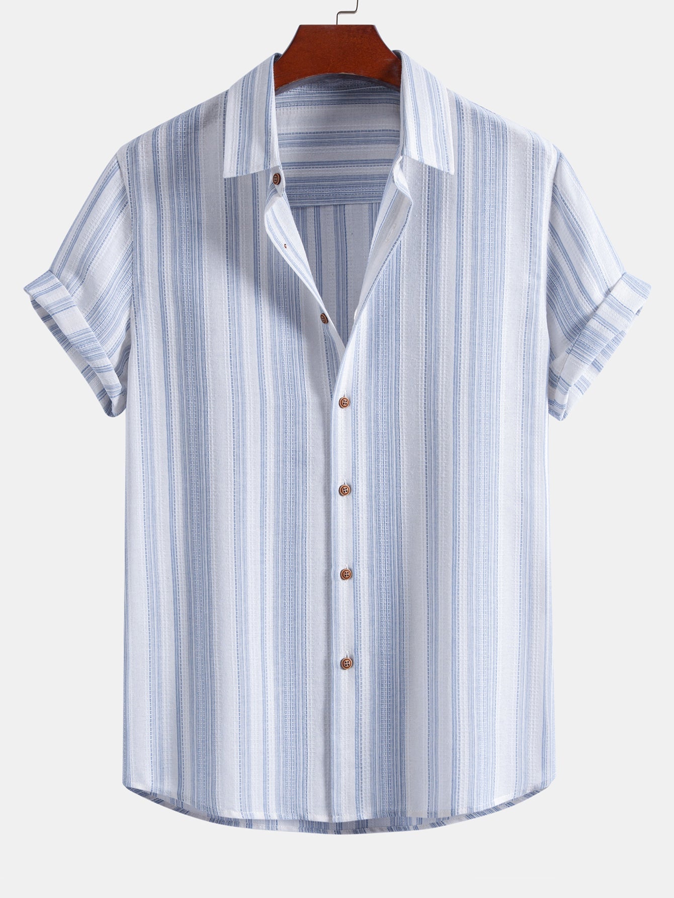 Camisa abotonada de lino a rayas y pantalones cortos de 5" con cordón y textura arrugada