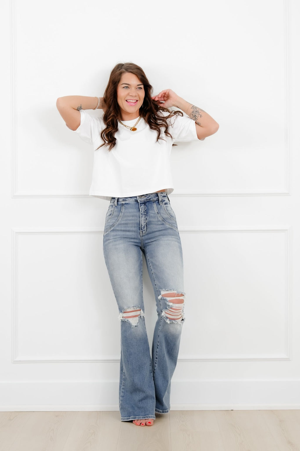 Cello High Rise Medium Wash Flare Jeans with Double Scoop Pocket Seam