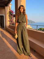 Maria - Conjunto minimalista de camiseta sin mangas y pantalón de pierna ancha de algodón y lino para mujer