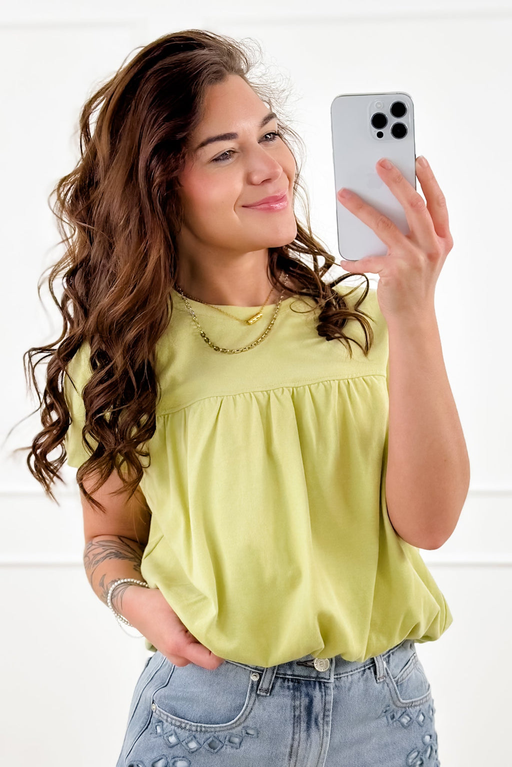 Solid Short Sleeve Bubble Hem Top
