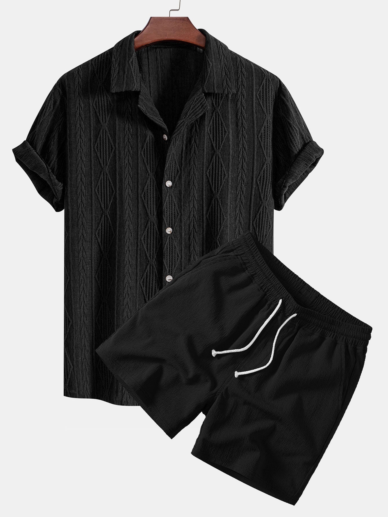 Camisa cubana con ojales de jacquard geométrico y Shorts cortos de 5" con cordón y textura arrugada