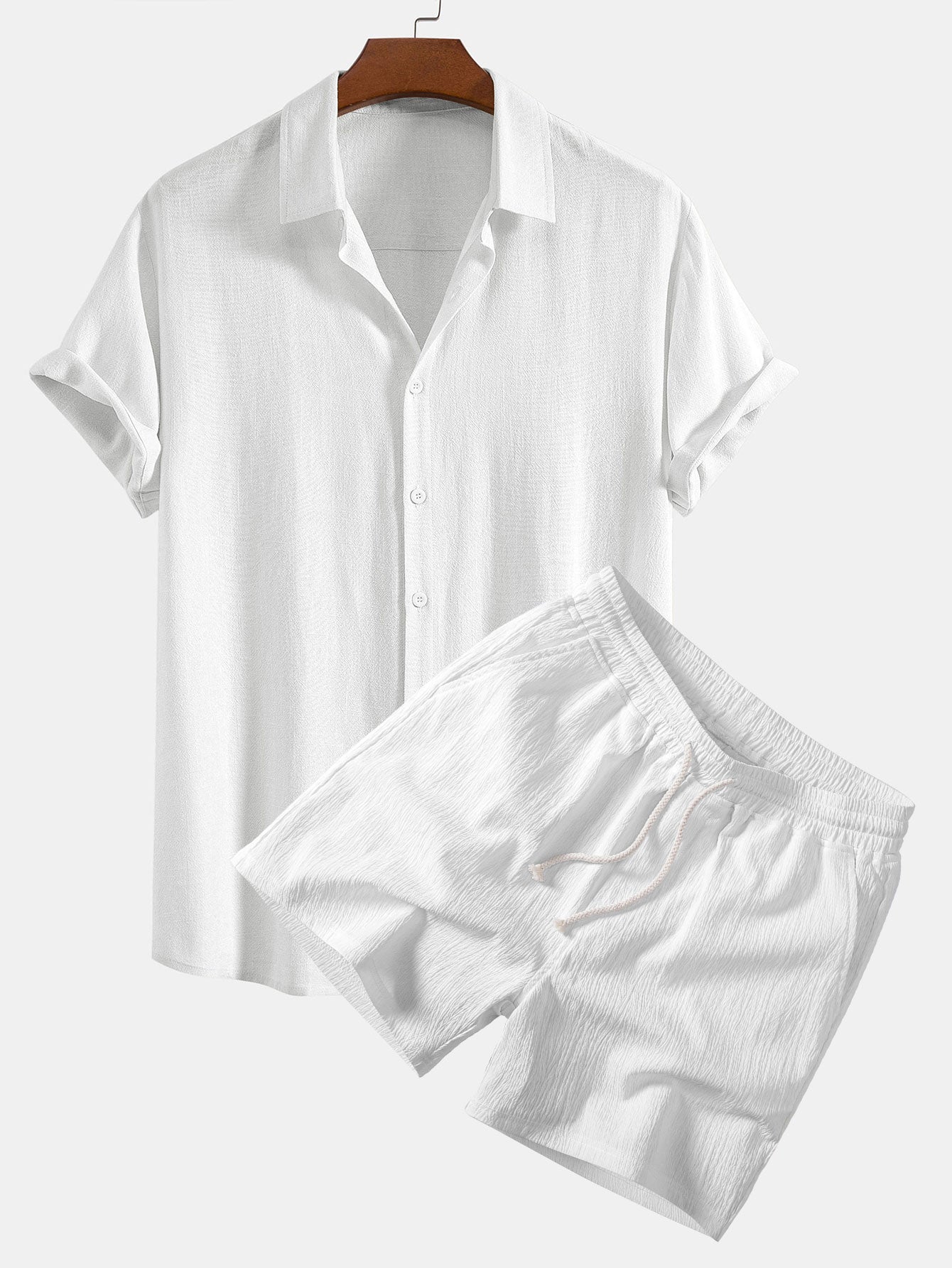 Camisa abotonada de mezcla de lino y rayón y pantalones cortos de 5 pulgadas con cordón y textura arrugada.