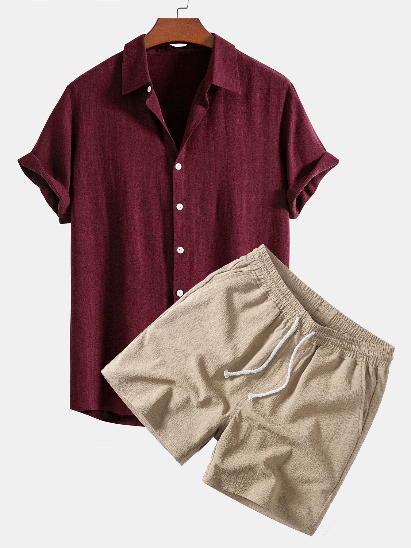 Camisa abotonada de mezcla de lino y rayón y pantalones cortos de 5 pulgadas con cordón y textura arrugada.