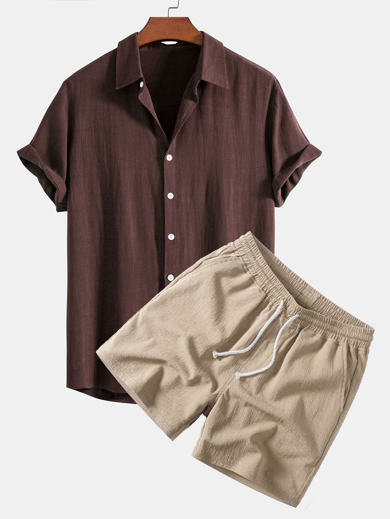 Camisa abotonada de mezcla de lino y rayón y pantalones cortos de 5 pulgadas con cordón y textura arrugada.