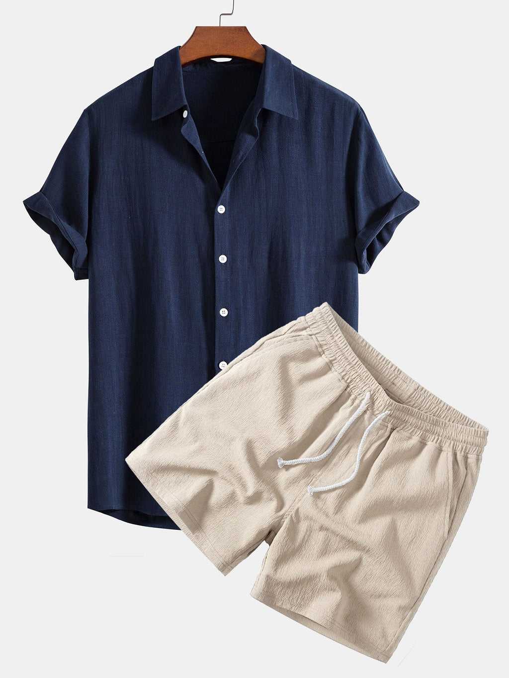 Camisa abotonada de mezcla de lino y rayón y pantalones cortos de 5 pulgadas con cordón y textura arrugada.