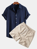 Camisa abotonada de mezcla de lino y rayón y pantalones cortos de 5 pulgadas con cordón y textura arrugada.