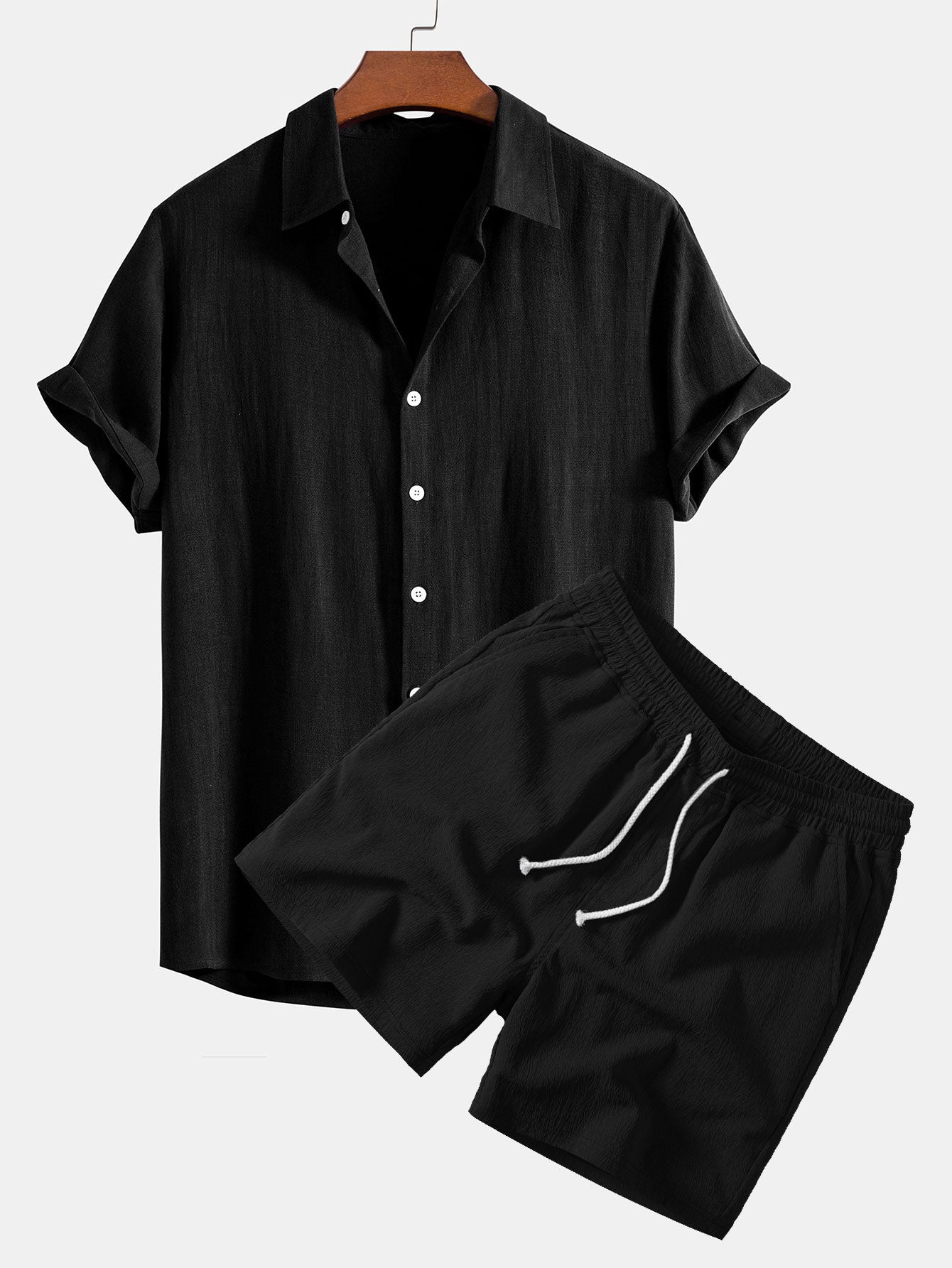 Camisa abotonada de mezcla de lino y rayón y pantalones cortos de 5 pulgadas con cordón y textura arrugada.