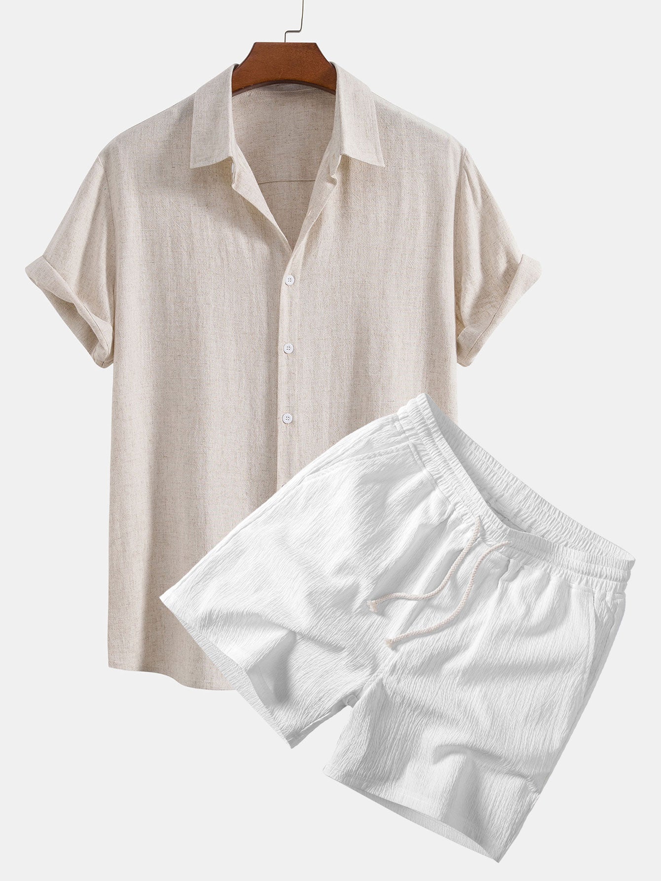 Camisa abotonada de mezcla de lino y rayón y pantalones cortos de 5 pulgadas con cordón y textura arrugada.