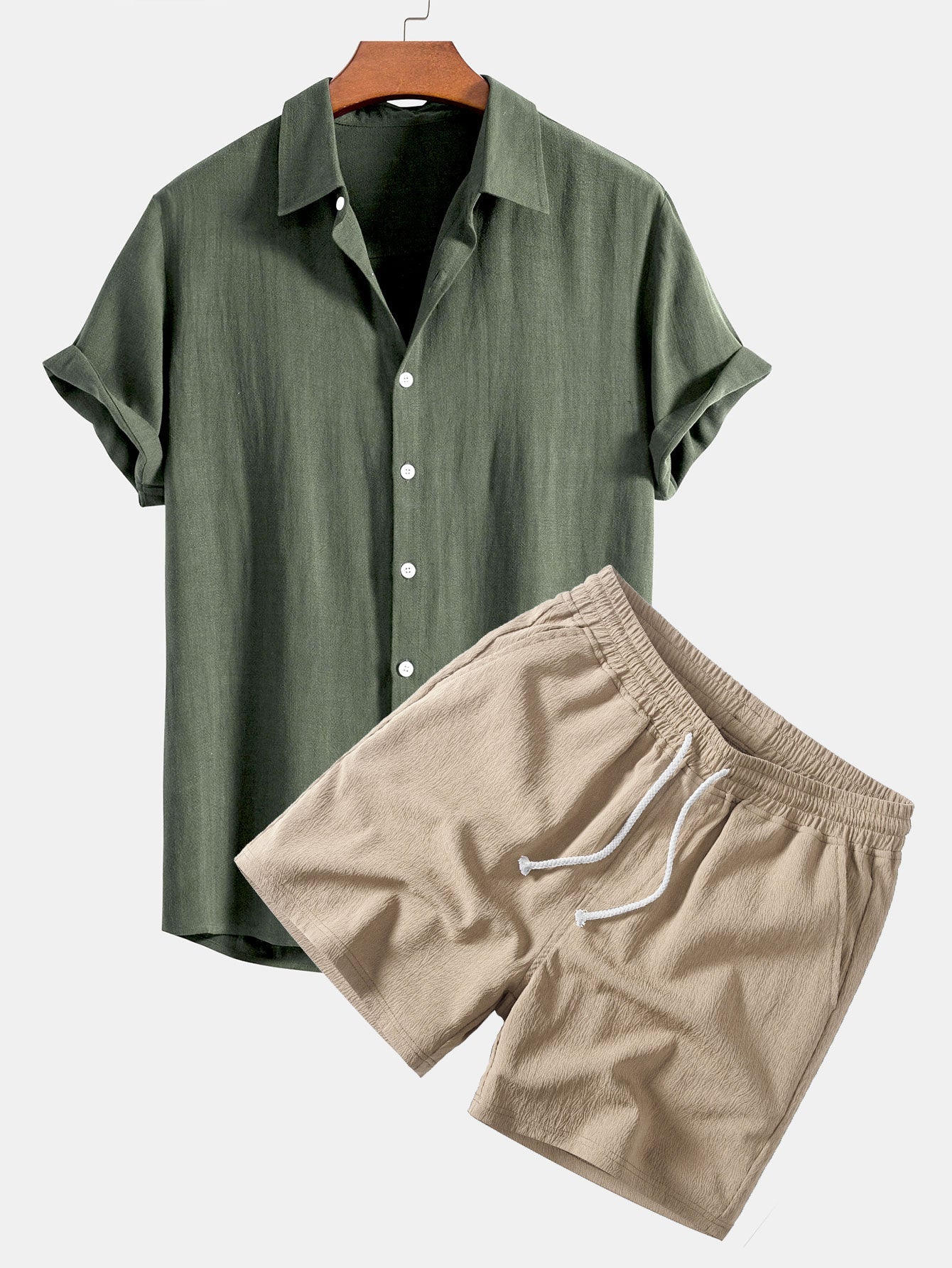Camisa abotonada de mezcla de lino y rayón y pantalones cortos de 5 pulgadas con cordón y textura arrugada.