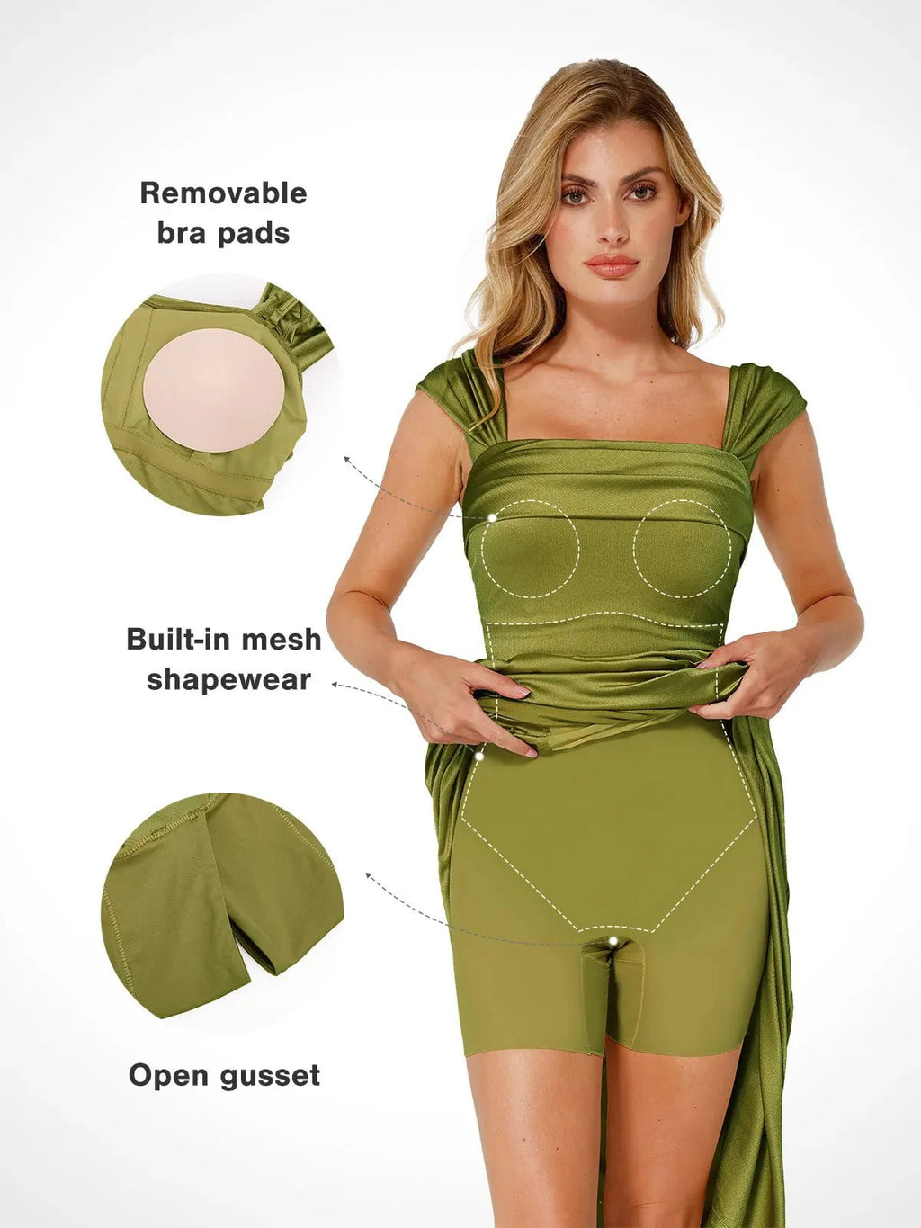 Vestido largo moldeador con hombros descubiertos, fruncido y brillante