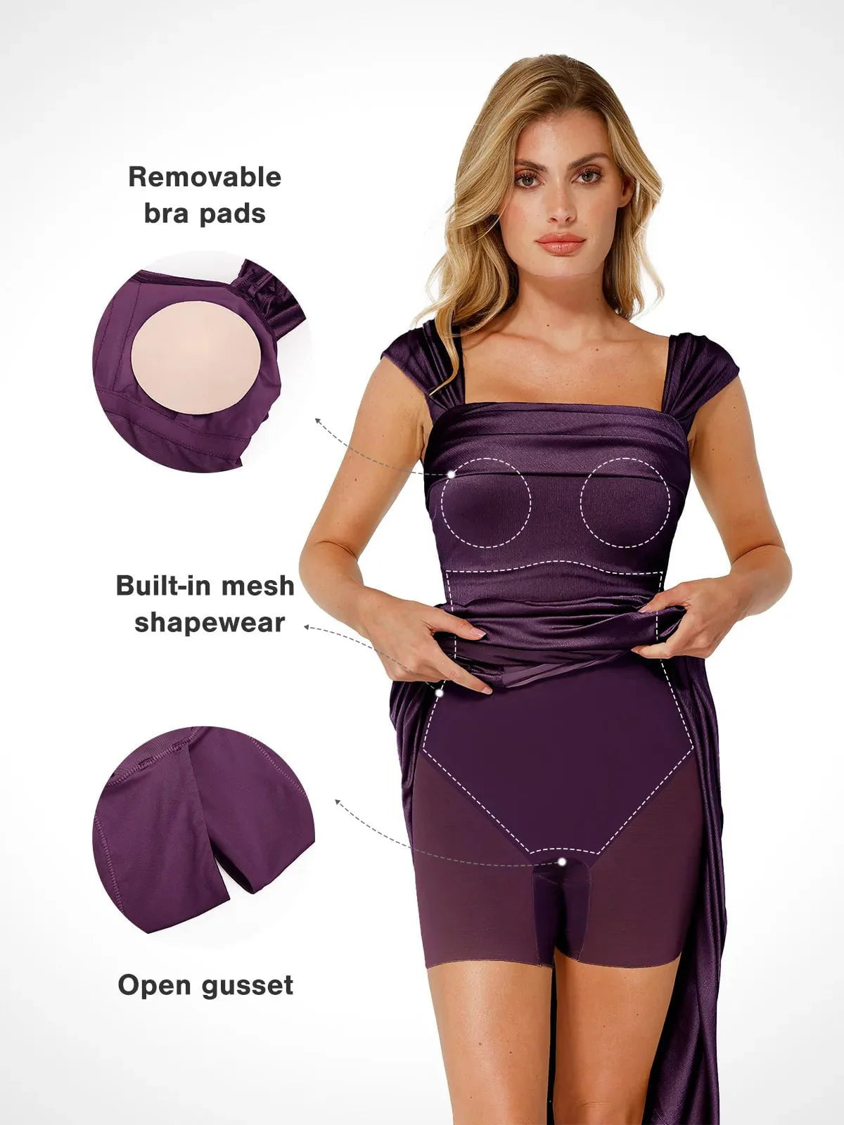 Vestido largo moldeador con hombros descubiertos, fruncido y brillante