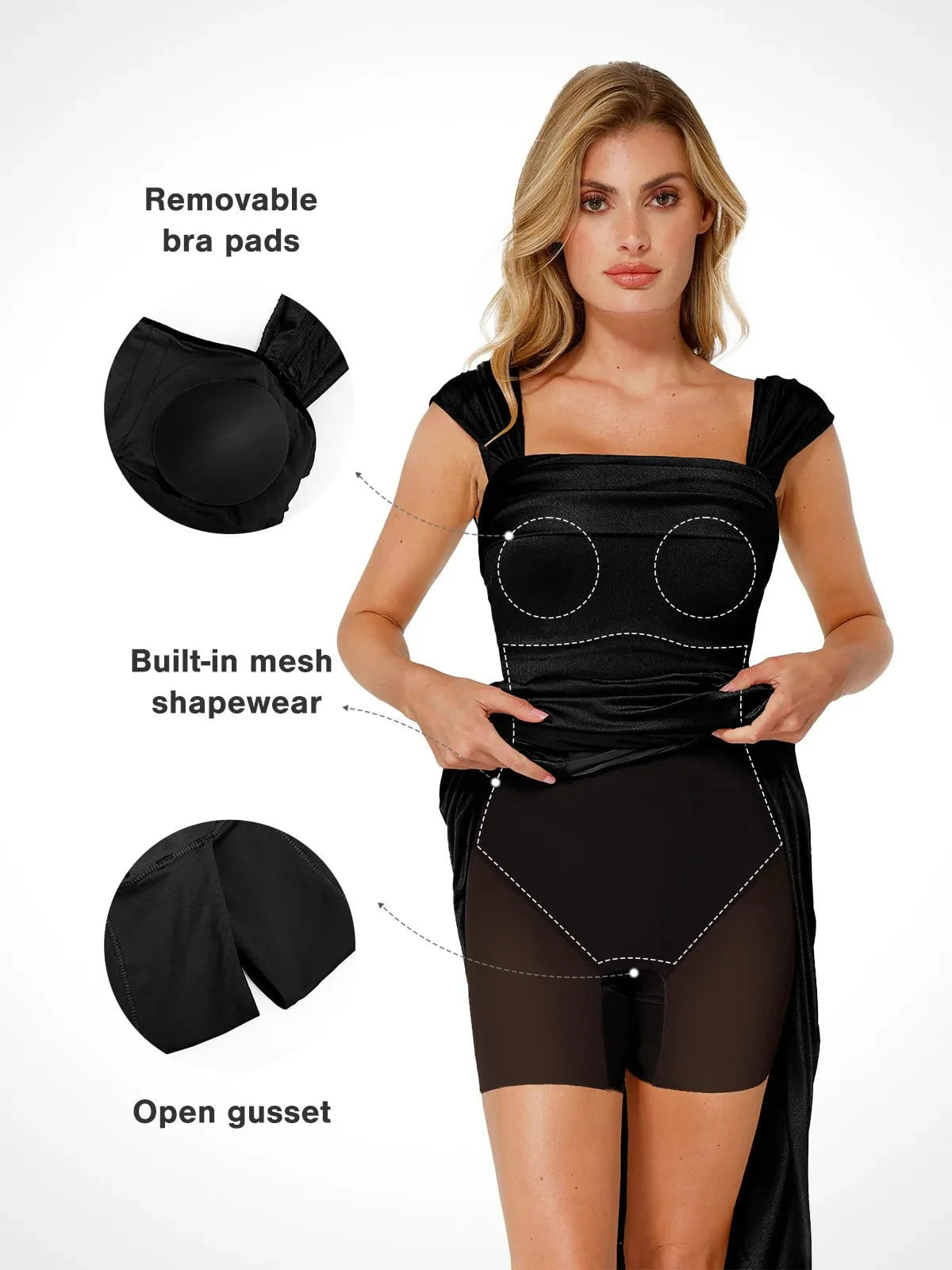 Vestido largo moldeador con hombros descubiertos, fruncido y brillante